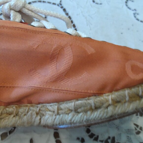 New Chanel Orange Signature Logo Canvas Lace Up Espadrilles Size 37B - Picture 9 of 16